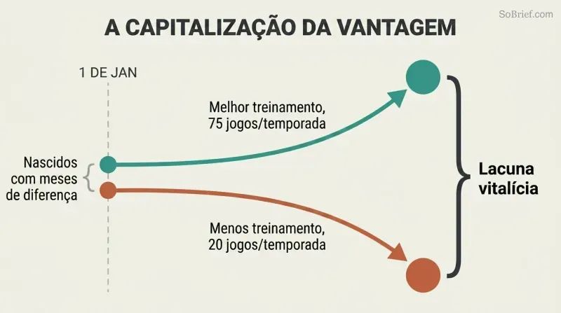 Two lines diverge from nearly the same starting point at a January 1 cutoff, showing how months of maturity compound into a lifelong advantage gap.
