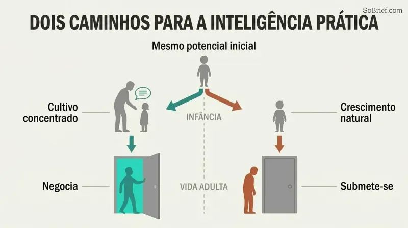 Split panel showing how concerted cultivation leads a child to become an adult who opens institutional doors, while natural growth leads to an adult blocked by a closed door.