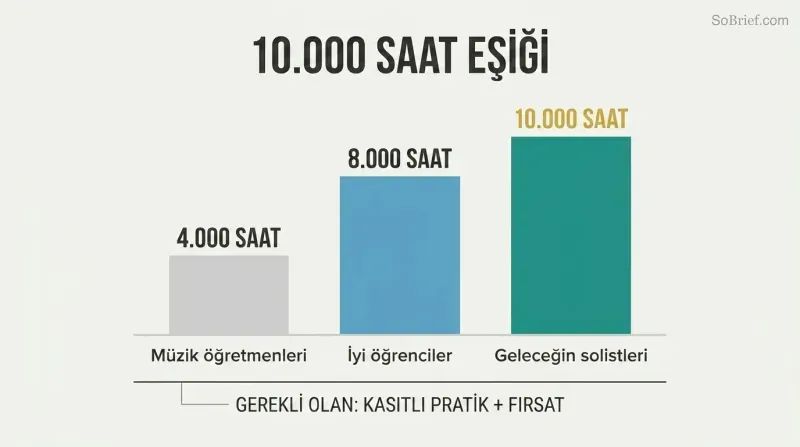 Three ascending bars show how practice hours from 4,000 to 10,000 correspond to rising mastery levels among elite violinists.
