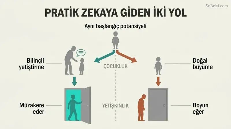 Split panel showing how concerted cultivation leads a child to become an adult who opens institutional doors, while natural growth leads to an adult blocked by a closed door.