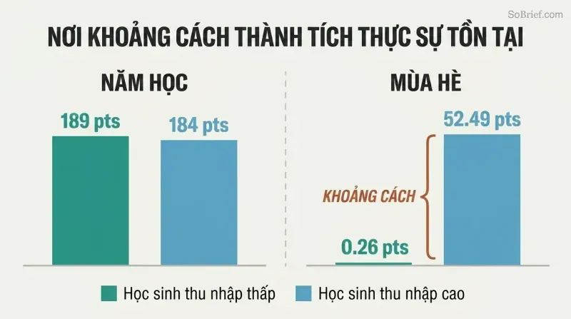Two paired bar comparisons showing nearly equal school-year reading gains for poor and rich kids, then a dramatic gap in summer gains where rich kids gain 52 points and poor kids gain nearly zero.
