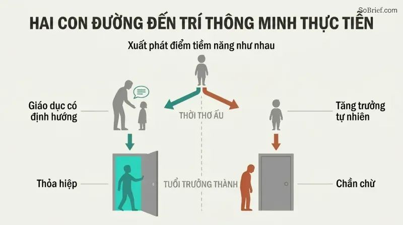 Split panel showing how concerted cultivation leads a child to become an adult who opens institutional doors, while natural growth leads to an adult blocked by a closed door.