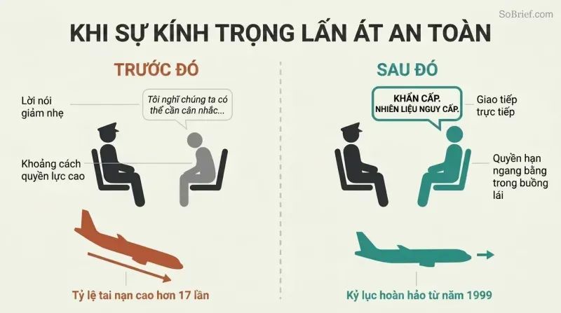 Split panel comparing a cockpit where a subordinate uses vague hints leading to a descending plane versus direct communication leading to safe flight.