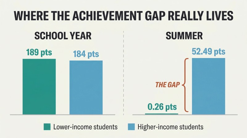 Two paired bar comparisons showing nearly equal school-year reading gains for poor and rich kids, then a dramatic gap in summer gains where rich kids gain 52 points and poor kids gain nearly zero.