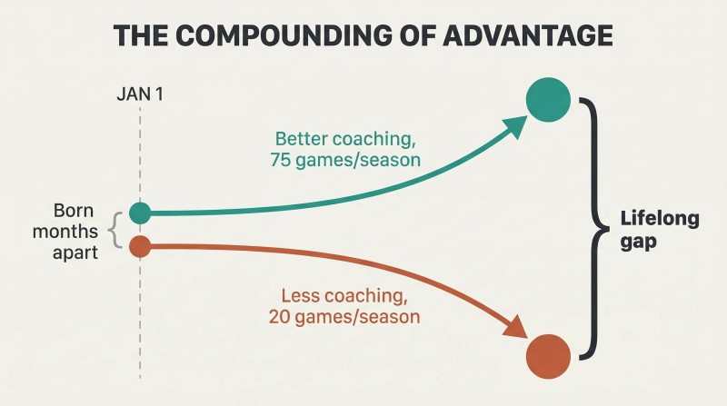 Two lines diverge from nearly the same starting point at a January 1 cutoff, showing how months of maturity compound into a lifelong advantage gap.