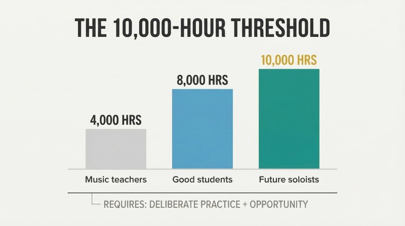Three ascending bars show how practice hours from 4,000 to 10,000 correspond to rising mastery levels among elite violinists.