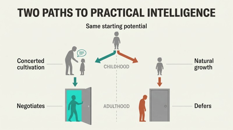 Split panel showing how concerted cultivation leads a child to become an adult who opens institutional doors, while natural growth leads to an adult blocked by a closed door.