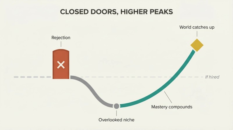 Blocked door forces a path down into an overlooked niche, then the path sweeps upward far beyond the original establishment level.