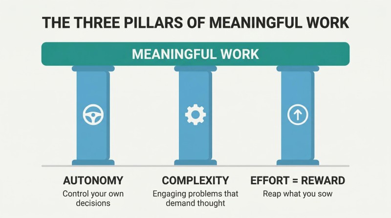 Three pillars labeled Autonomy, Complexity, and Effort-Reward each supporting a platform labeled Meaningful Work, with simple icons atop each pillar.