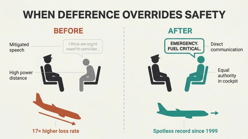 Split panel comparing a cockpit where a subordinate uses vague hints leading to a descending plane versus direct communication leading to safe flight.