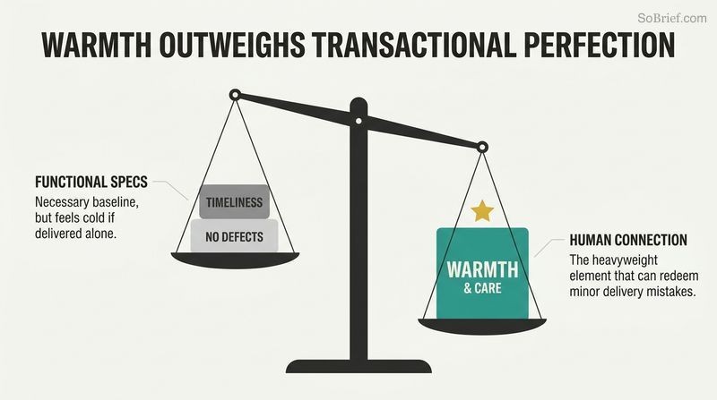 A tilted balance scale showing that a single large block of Warmth heavily outweighs the combined blocks of Timeliness and No Defects.