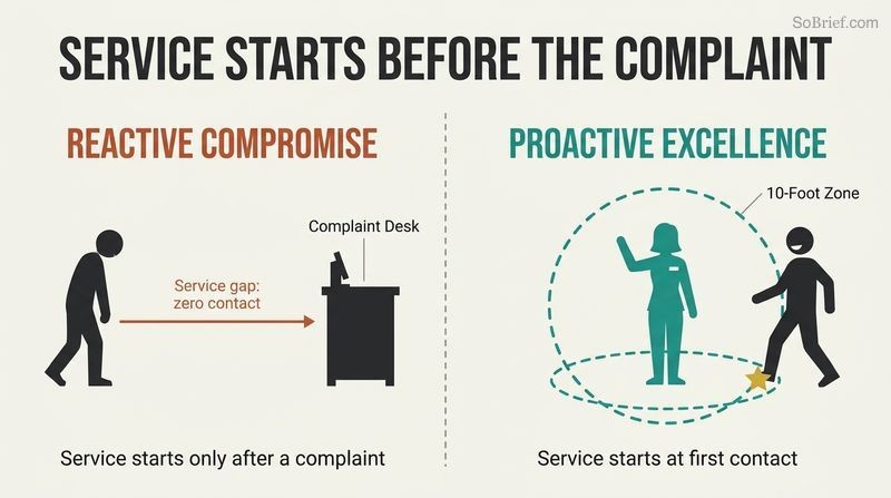 A split-panel diagram comparing reactive customer service at a complaint desk to proactive excellence inside a ten-foot greeting zone.