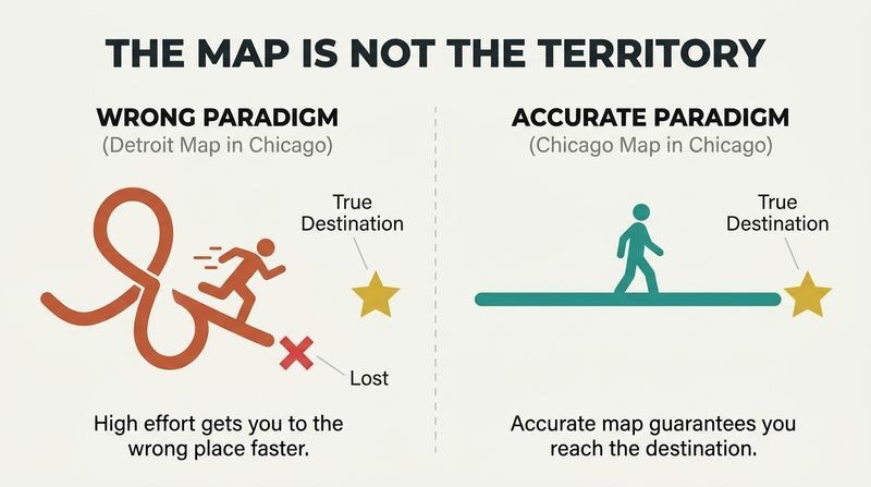 Split-panel diagram showing a runner with a faulty map sprinting away from their destination, and a walker with an accurate map reaching their goal.