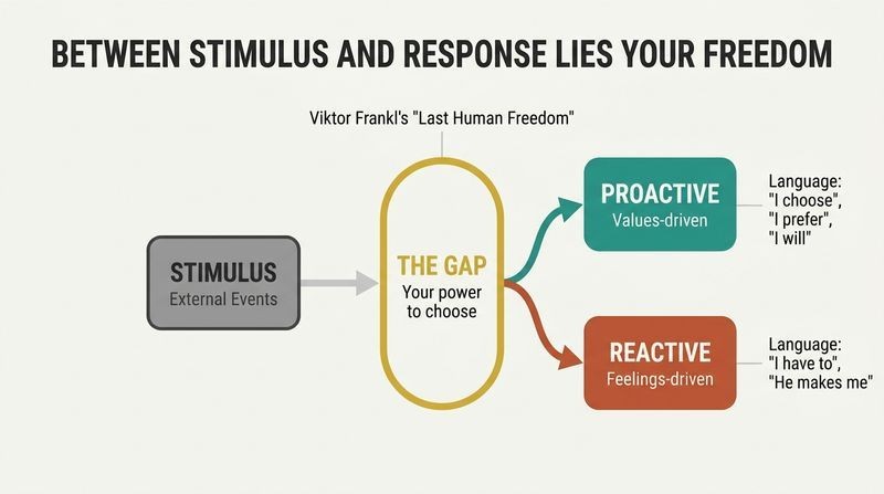 Fork diagram showing how an external stimulus enters a central gold-bordered "gap of choice" before splitting into an upward, values-driven proactive path or a downward, feelings-driven reactive path.
