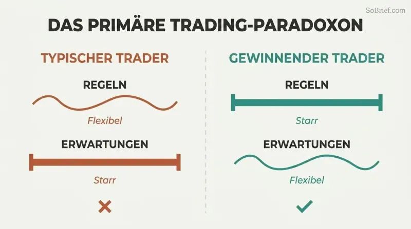 Split panel contrasting the typical trader's flexible rules and rigid expectations against the winning trader's rigid rules and flexible expectations.
