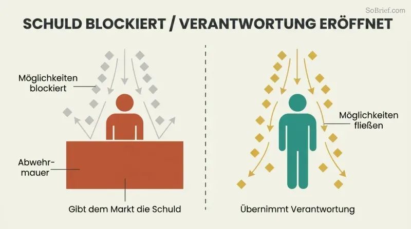 Split panel showing a blaming trader walled off from market opportunities on the left, contrasted with an accountable trader receiving a clear flow of opportunities on the right.