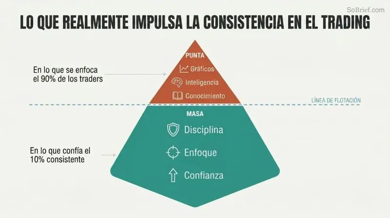 Iceberg diagram showing analysis skills as a small visible tip above water while mindset qualities like discipline and confidence form the massive hidden portion below.