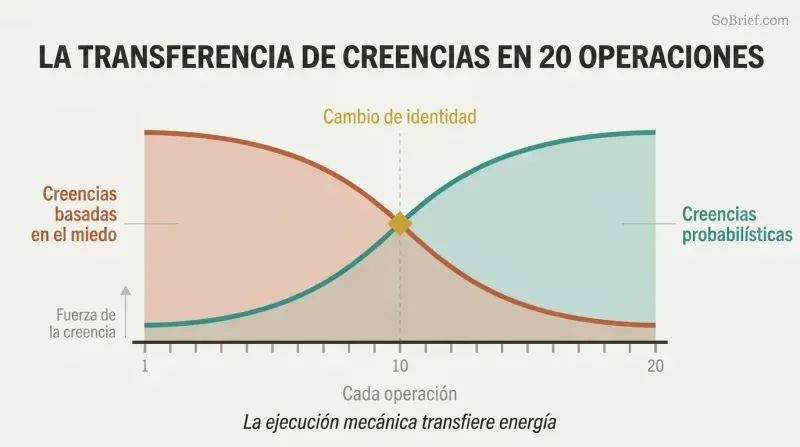 Two crossing curves over twenty trade markers show fear-based beliefs declining as probabilistic confidence rises, meeting at a crossover point where identity shifts.