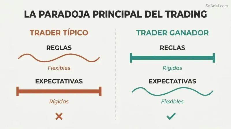 Split panel contrasting the typical trader's flexible rules and rigid expectations against the winning trader's rigid rules and flexible expectations.