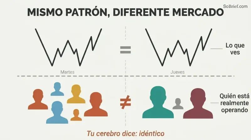 Two side-by-side panels show identical chart patterns above a dividing line, but completely different trader silhouettes below, revealing that similar-looking setups are driven by unique participants.