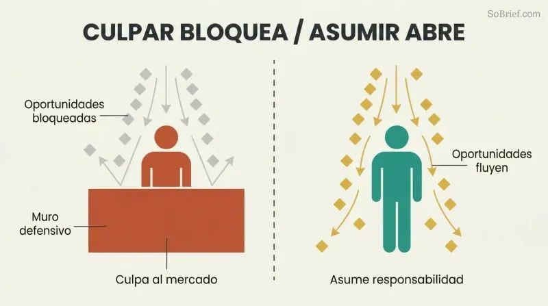 Split panel showing a blaming trader walled off from market opportunities on the left, contrasted with an accountable trader receiving a clear flow of opportunities on the right.