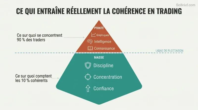 Iceberg diagram showing analysis skills as a small visible tip above water while mindset qualities like discipline and confidence form the massive hidden portion below.