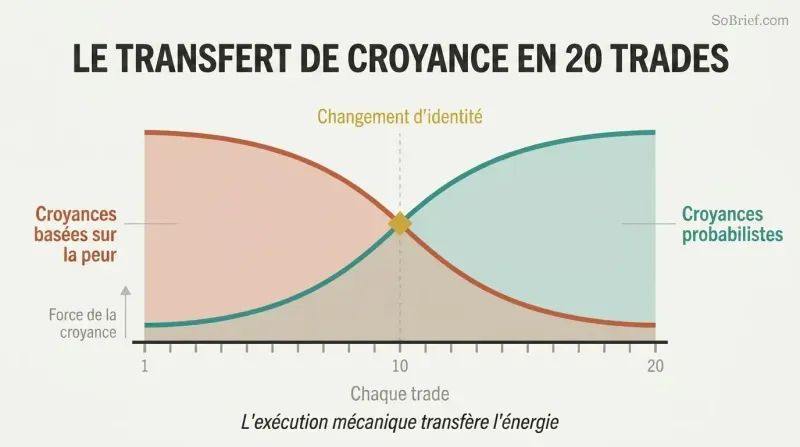 Two crossing curves over twenty trade markers show fear-based beliefs declining as probabilistic confidence rises, meeting at a crossover point where identity shifts.