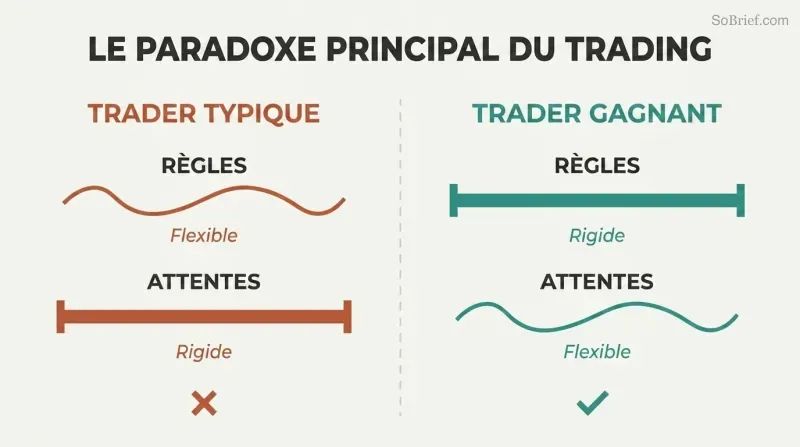 Split panel contrasting the typical trader's flexible rules and rigid expectations against the winning trader's rigid rules and flexible expectations.