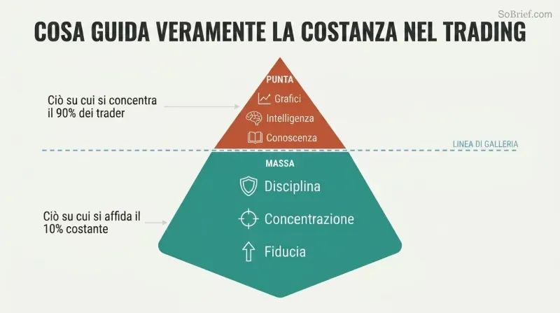Iceberg diagram showing analysis skills as a small visible tip above water while mindset qualities like discipline and confidence form the massive hidden portion below.