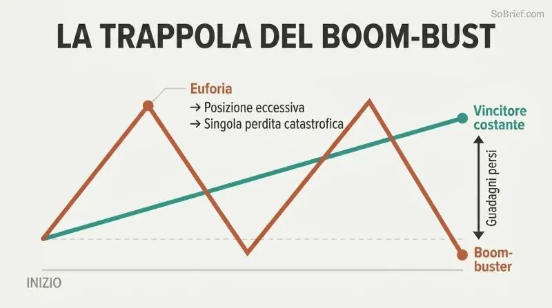 Two equity curves compared over time: a volatile sawtooth line that rises sharply then crashes repeatedly versus a steady ascending line that finishes higher.