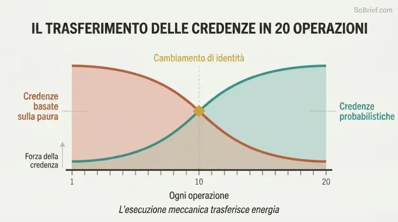 Two crossing curves over twenty trade markers show fear-based beliefs declining as probabilistic confidence rises, meeting at a crossover point where identity shifts.
