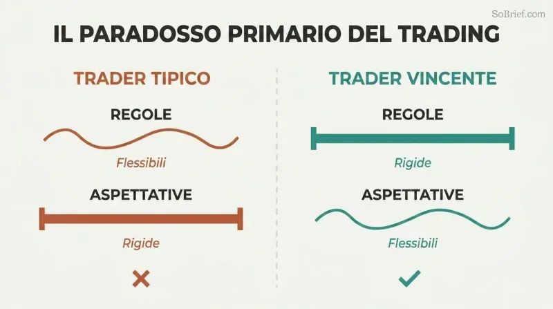 Split panel contrasting the typical trader's flexible rules and rigid expectations against the winning trader's rigid rules and flexible expectations.