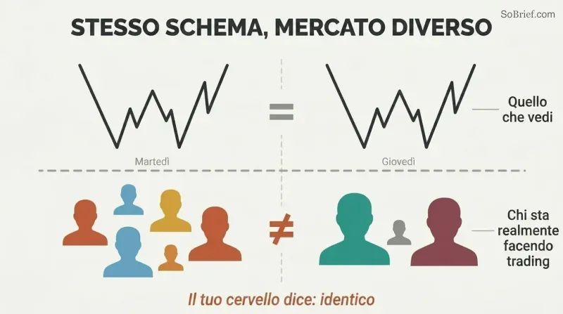 Two side-by-side panels show identical chart patterns above a dividing line, but completely different trader silhouettes below, revealing that similar-looking setups are driven by unique participants.
