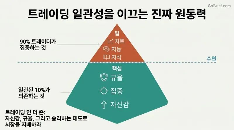 Iceberg diagram showing analysis skills as a small visible tip above water while mindset qualities like discipline and confidence form the massive hidden portion below.