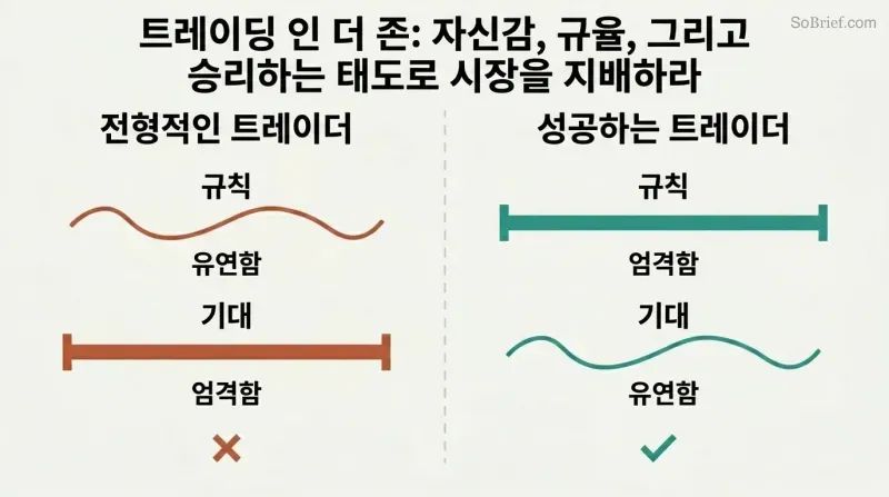 Split panel contrasting the typical trader's flexible rules and rigid expectations against the winning trader's rigid rules and flexible expectations.