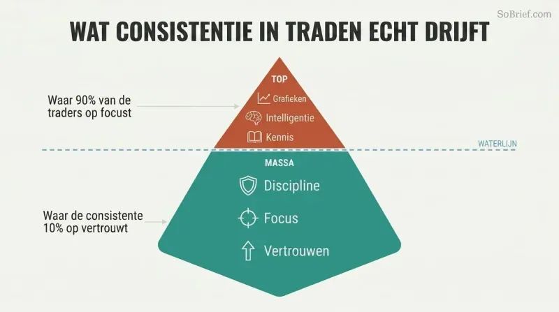 Iceberg diagram showing analysis skills as a small visible tip above water while mindset qualities like discipline and confidence form the massive hidden portion below.