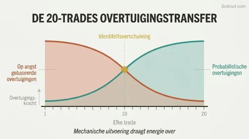 Two crossing curves over twenty trade markers show fear-based beliefs declining as probabilistic confidence rises, meeting at a crossover point where identity shifts.