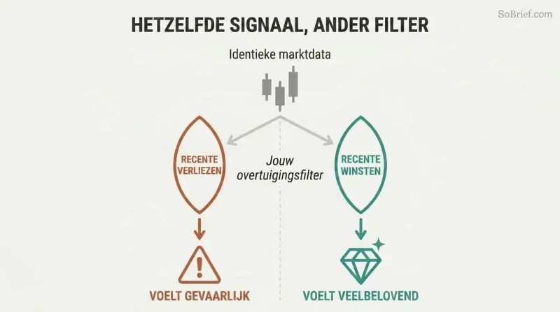 Fork diagram showing one neutral market signal passing through a loss-belief filter to appear as danger, and through a win-belief filter to appear as opportunity.