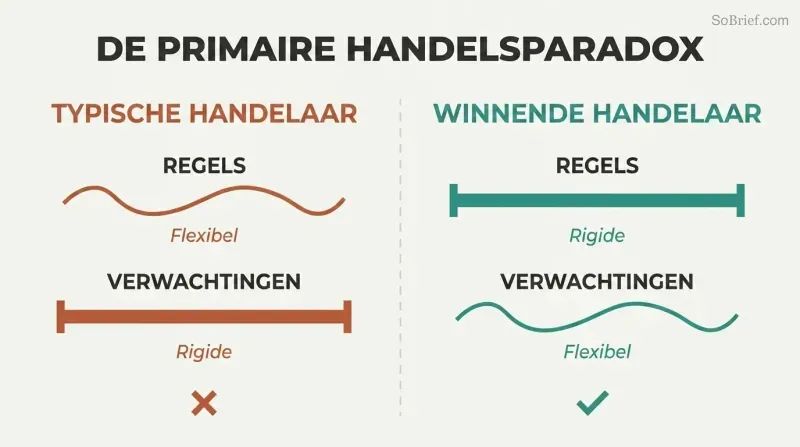 Split panel contrasting the typical trader's flexible rules and rigid expectations against the winning trader's rigid rules and flexible expectations.