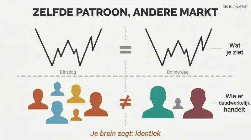 Two side-by-side panels show identical chart patterns above a dividing line, but completely different trader silhouettes below, revealing that similar-looking setups are driven by unique participants.