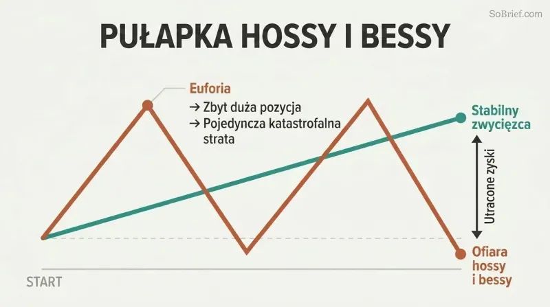 Two equity curves compared over time: a volatile sawtooth line that rises sharply then crashes repeatedly versus a steady ascending line that finishes higher.
