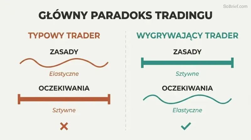 Split panel contrasting the typical trader's flexible rules and rigid expectations against the winning trader's rigid rules and flexible expectations.