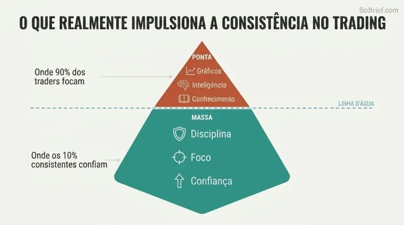 Iceberg diagram showing analysis skills as a small visible tip above water while mindset qualities like discipline and confidence form the massive hidden portion below.
