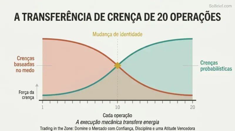 Two crossing curves over twenty trade markers show fear-based beliefs declining as probabilistic confidence rises, meeting at a crossover point where identity shifts.