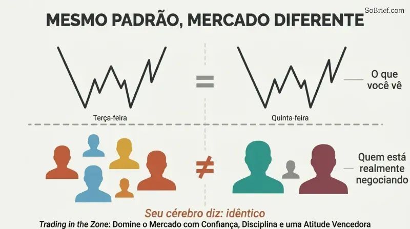 Two side-by-side panels show identical chart patterns above a dividing line, but completely different trader silhouettes below, revealing that similar-looking setups are driven by unique participants.