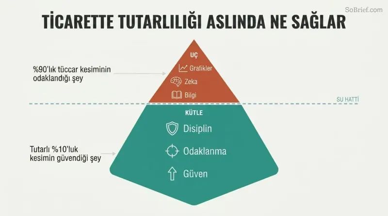 Iceberg diagram showing analysis skills as a small visible tip above water while mindset qualities like discipline and confidence form the massive hidden portion below.