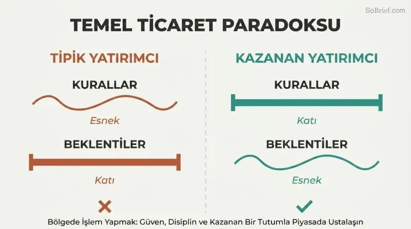 Split panel contrasting the typical trader's flexible rules and rigid expectations against the winning trader's rigid rules and flexible expectations.