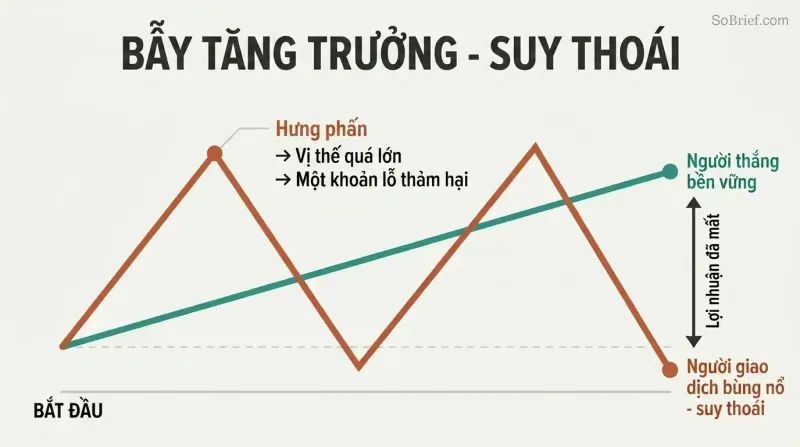 Two equity curves compared over time: a volatile sawtooth line that rises sharply then crashes repeatedly versus a steady ascending line that finishes higher.