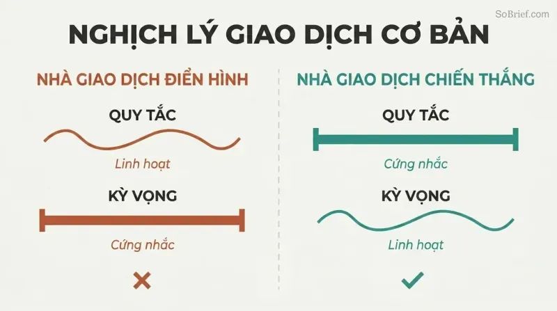 Split panel contrasting the typical trader's flexible rules and rigid expectations against the winning trader's rigid rules and flexible expectations.