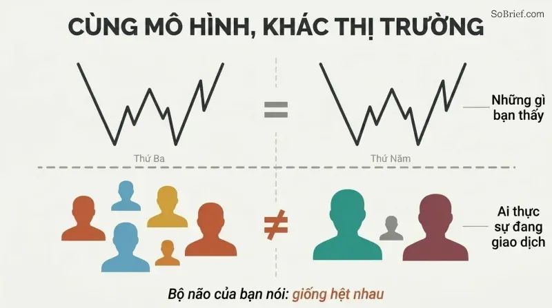 Two side-by-side panels show identical chart patterns above a dividing line, but completely different trader silhouettes below, revealing that similar-looking setups are driven by unique participants.